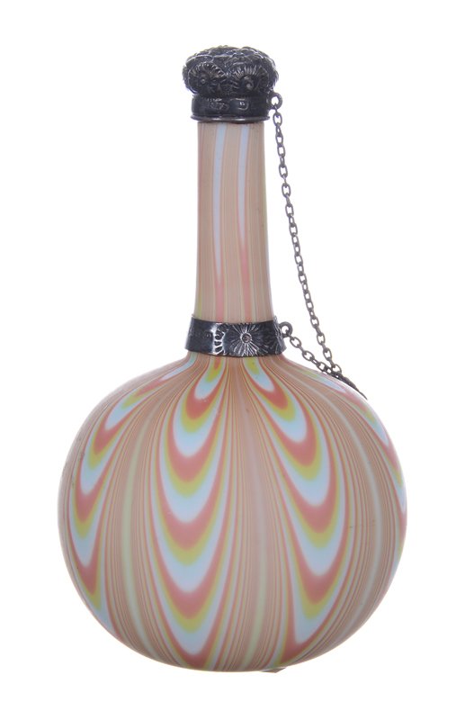 4.25" ENGLISH NORTHWOOD ART GLASS PERFUME BOTTLE: 4.25" ENGLISH NORTHWOOD ART GLASS PERFUME BOTTLE PULL-UP DESIGN WITH BLUE, ORANGE AND YELLOW TONES - EMBOSSED STERLING SILVER CAP WITH CHAIN AND COLLAR