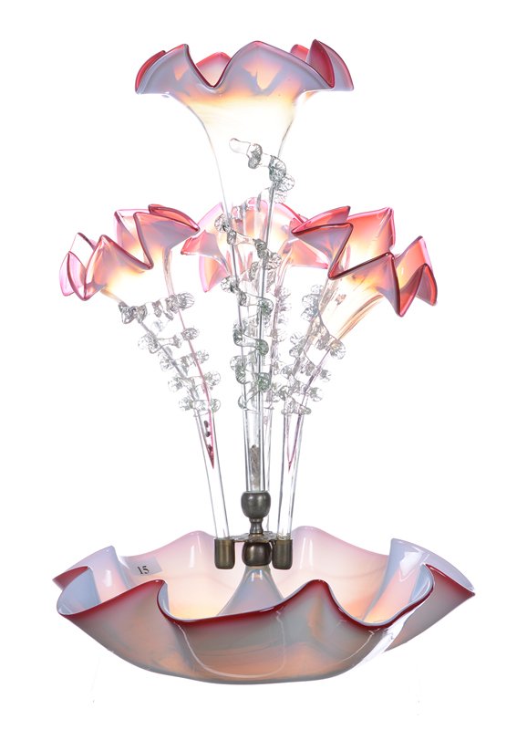15.5" ART GLASS FOUR LILY EPERGNE: 15.5" ART GLASS FOUR LILY EPERGNE PINK AND WHITE OPALESCENT - STAR CRIMPED LILIES WITH APPLIED RIGOREE