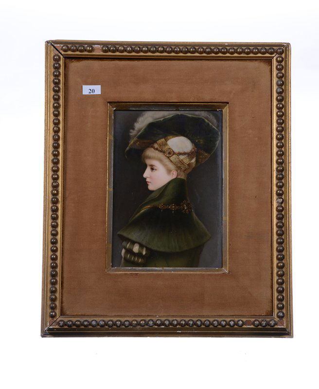 9.25" X 6.5" MARKED KPM PORCELAIN PLAQUE: 9.25" X 6.5" MARKED KPM PORCELAIN PLAQUE WOMAN IN ELABORATE GREEN DRESS - NO ARTIST SIGNATURE VISIBLE - TOP RIGHT CORNER OF PLAQUE HAS BEEN DAMAGED AND RE-GLUED - SET IN 16.5" X 13.75" GILT WOODEN FRA