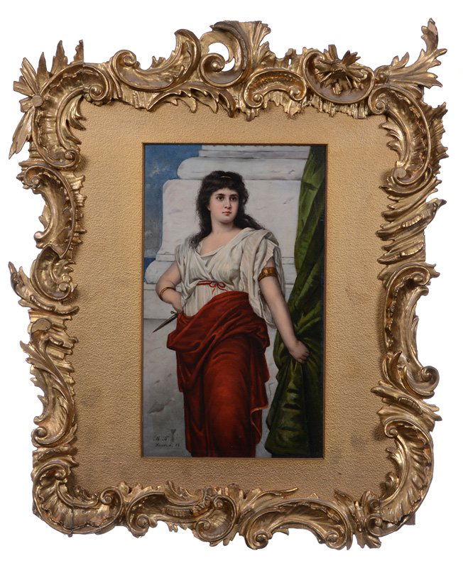 12" X 8" GERMAN PORCELAIN PLAQUE: 12" X 8" GERMAN PORCELAIN PLAQUE FINELY DETAILED SCENE OF YOUNG WOMAN HOLDING DAGGER - BELIEVED TO BE MEDEA, DAUGHTER OF KING AEETES ACCORDING TO GREEK LEGEND - ARTIST SIGNED "M.K." FOR MAX KLINGER -