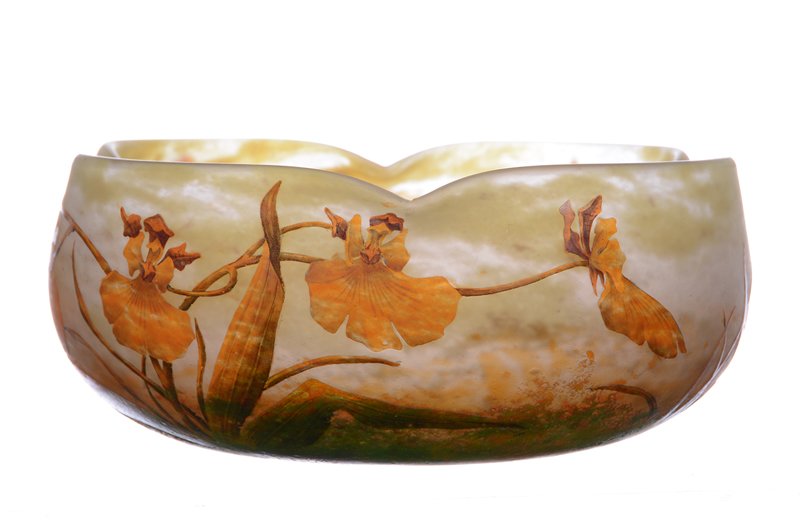 3.25" X 8" SIGNED DAUM NANCY FRENCH CAMEO ART GLASS: 3.25" X 8" SIGNED DAUM NANCY FRENCH CAMEO ART GLASS BOWL YELLOW, WHITE AND ORANGE MOTTLED BACKGROUND WITH GREEN AND ORANGE FLORAL CAMEO CARVED DECOR - THIS IS A 100% GOOD PIECE OF CAMEO, SIGNATURE SEE