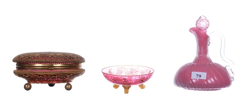(3) ART GLASS ITEMS INCLUDING: (3) ART GLASS ITEMS INCLUDING (1) 5" ROUND CRANBERRY HINGED BOX WITH GOLD FILIGREE OVERLAY - (1) 3.75" CRANBERRY FOOTED DISH WITH ENAMEL VINTAGE DECOR - (1) 5" PINK OPAQUE CRUET WITH WRONG STOPPER AND
