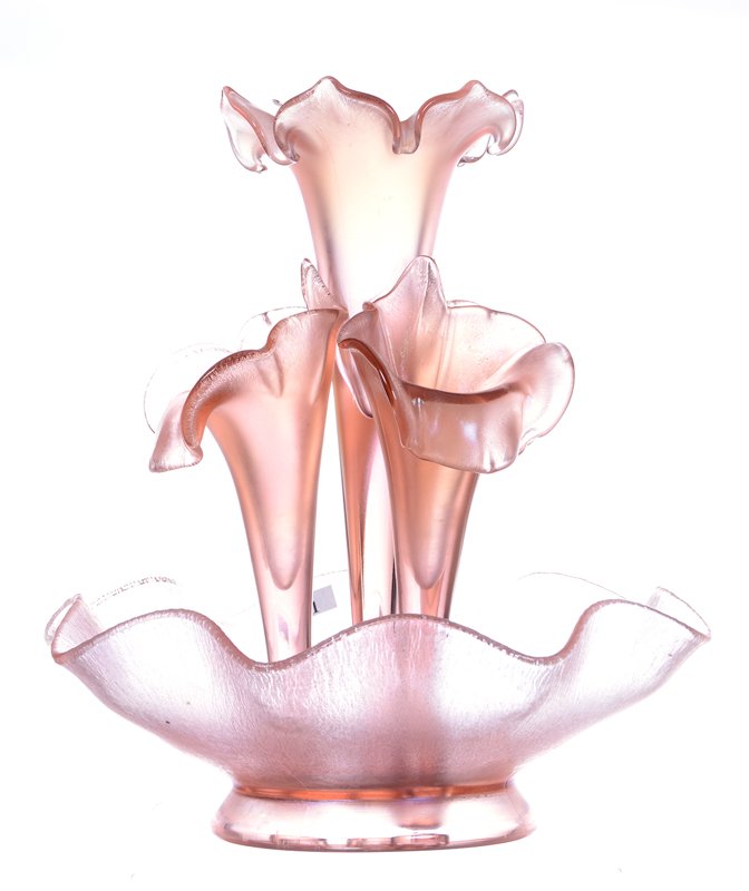 13" X 11" MARKED FENTON PINK "CARNIVAL GLASS" STRETCH: 13" X 11" MARKED FENTON PINK "CARNIVAL GLASS" STRETCH GLASS FOUR-LILY EPERGNE