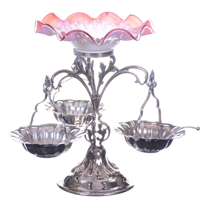 12.5" X 14" THREE ARM BRIDES BASKET: 12.5" X 14" THREE ARM BRIDES BASKET PINK CASED RUFFLED ART GLASS BOWL SET ON CENTER STAND WITH THREE HANGING SILVERPLATE SWEETMEAT BASKETS & SPOON - SEE PHOTOS FOR MORE DETAILS