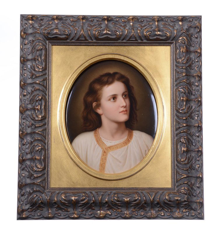 10.75" MARKED KPM OVAL PORCELAIN PLAQUE: 10.75" MARKED KPM OVAL PORCELAIN PLAQUE PORTRAIT OF CHRIST AS A YOUTH - FINE DETAIL - MOUNTED IN 18.5" X 16.5" GILT WOODEN FRAME