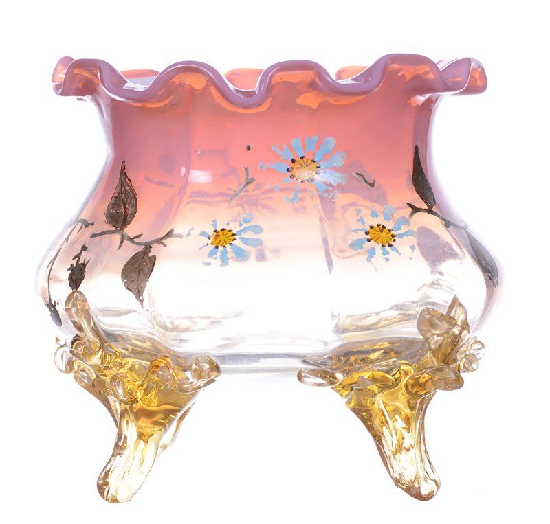 5.5" X 5.5" FOOTED ART GLASS VASE: 5.5" X 5.5" FOOTED ART GLASS VASE PINK OPALESCENT TO CLEAR WITH ENAMEL FLORAL DECOR - AMBER APPLIED GLASS FEET - ATTRIBUTED TO STEVENS AND WILLIAMS