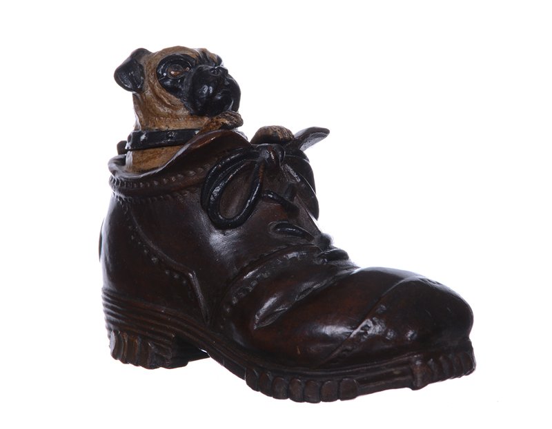 4" X 5.25" MARKED "BERGM---" VIENNA BRONZE STYLE: 4" X 5.25" MARKED "BERGM---" VIENNA BRONZE STYLE FIGURAL INKWELL PUG SITTING IN BOOT - COLD PAINTED - NICE DETAIL - THIS ITEM WAS MEANT TO REPLICATE THE STYLE OF BERGMANN AND IS CONSIDERED TO BE DECEP