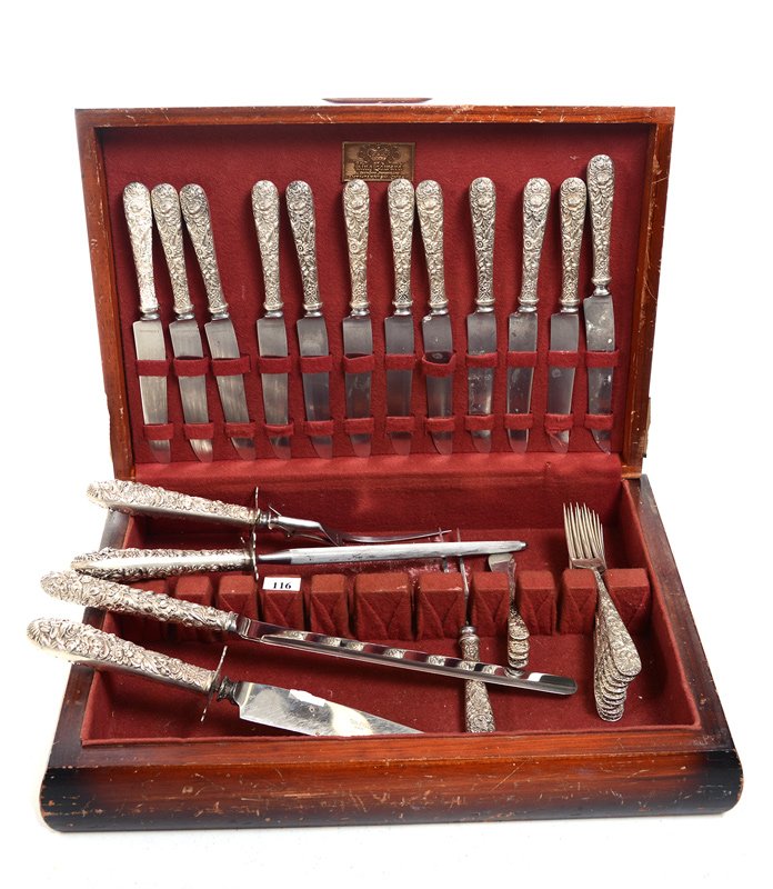 (33) PIECE SET OF S. KIRK & SON STERLING FLATWARE SET: (33) PIECE SET OF S. KIRK & SON STERLING FLATWARE SET IN STEIFF ROSE PATTERN INCLUDES - (12) KNIVES - (1) LARGE TWO PIECE CARVING SET - (1) SMALL TWO PIECE CARVING SET - (1) CAKE KNIFE - (1) SHARPENER