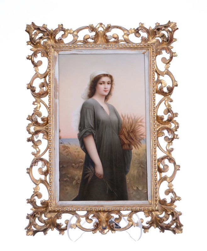 13" X 8" MARKED KPM PORCELAIN PLAQUE: 13" X 8" MARKED KPM PORCELAIN PLAQUE PORTRAIT OF BIBLICAL RUTH IN FIELD - MOUNTED IN 18" X 13" CARVED GILT WOODEN FRAME