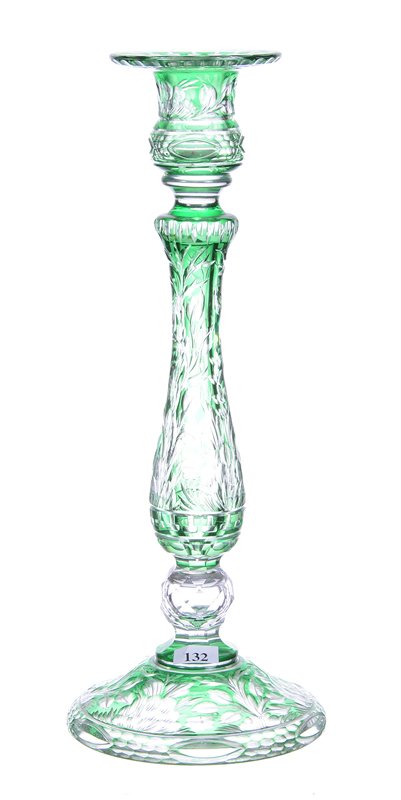 15" GREEN CUT TO CLEAR SINGLE CANDLESTICK HOLDER: 15" GREEN CUT TO CLEAR SINGLE CANDLESTICK HOLDER WONDERFUL ENGRAVED FLORAL DESIGN - ATTRIBUTED TO STEVENS AND WILLIAMS - SUPERB QUALITY