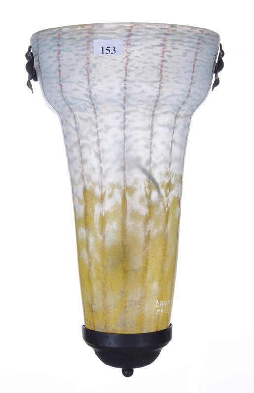 12.5" SIGNED DAUM NANCY FRENCH ART GLASS LIGHTED WALL: 12.5" SIGNED DAUM NANCY FRENCH ART GLASS LIGHTED WALL SCONCE BLUE AND YELLOW MOTTLED DESIGN WITH LAVENDER STRIPE HIGHLIGHTS - MOUNTED IN IRON FIXTURE - NEEDS TO BE RE-WIRED
