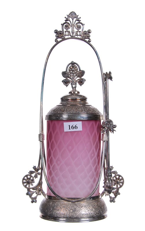 11.75" PICKLE CASTOR: 11.75" PICKLE CASTOR PINK SATIN DIAMOND QUILTED MOTHER OF PEARL ART GLASS INSERT SET ON ROGERS SMITH #182 SILVERPLATE FRAME