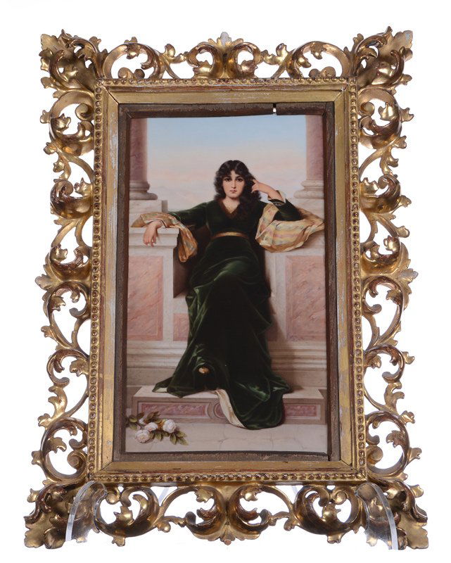 13" X 7.75" MARKED KPM PORCELAIN PLAQUE: 13" X 7.75" MARKED KPM PORCELAIN PLAQUE SCENE OF YOUNG WOMAN SEATED ON MARBLE THRONE - NICE DETAIL - MOUNTED IN 18.5" X 13" CARVED GILT WOODEN FRAME