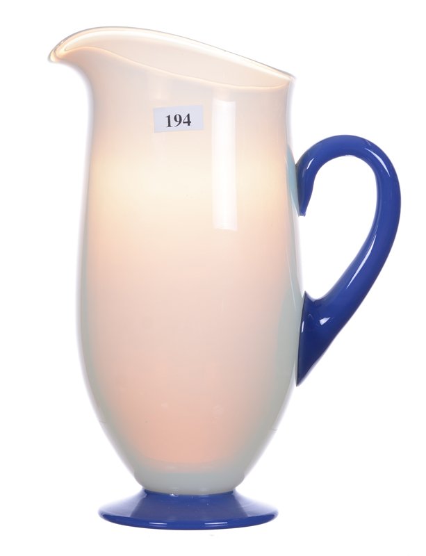 10.25" PEDESTAL WHITE OPALESCENT ART GLASS WATER: 10.25" PEDESTAL WHITE OPALESCENT ART GLASS WATER PITCHER APPLIED COBALT BLUE OPAQUE FOOT AND HANDLE - ATTRIBUTED TO FRY GLASS