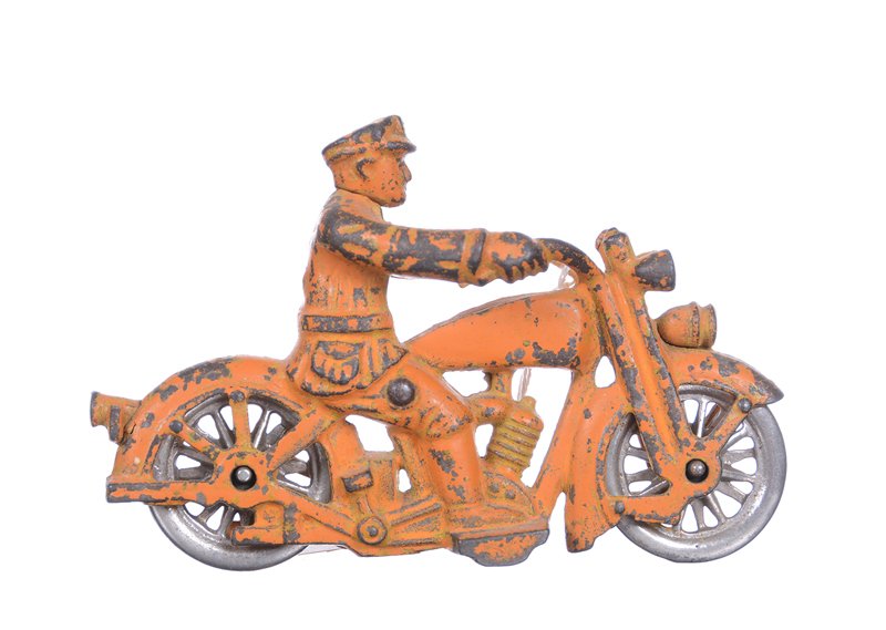 RARE 3.5" X 5.5" VINTAGE CAST IRON TOY HARLEY-DAVIDSON: RARE 3.5" X 5.5" VINTAGE CAST IRON TOY HARLEY-DAVIDSON DUAL-LIGHT MOTORCYCLE METAL WHEELS - ORIGINAL ORANGE PAINT