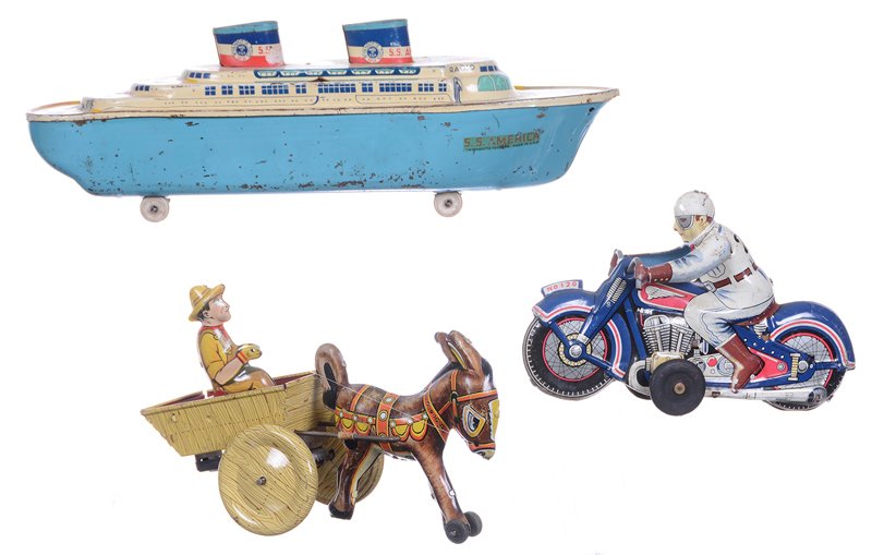 (3) TIN TOYS INCLUDING: (3) TIN TOYS INCLUDING (1) 12" CRUISE SHIP PULL TOY BY WYANDOTTE TOYS - (1) 4" X 8" WIND-UP DONKEY PULLING CART WITH MAN BY MARX - (1) 4.5" X 7" MOTORCYCLE WITH RIDER, PUSH TOY