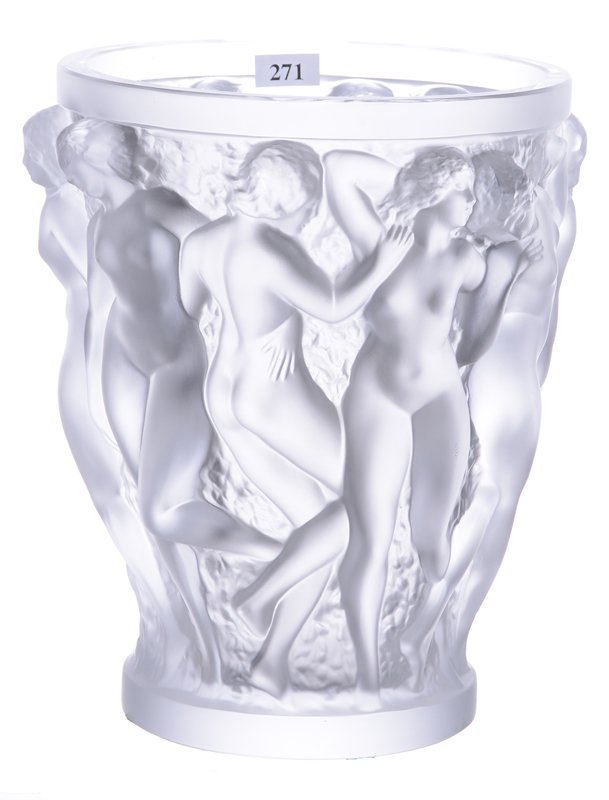 9.5" X 7.5" SIGNED "LALIQUE FRANCE #A481" LARGE FROSTED: 9.5" X 7.5" SIGNED "LALIQUE FRANCE #A481" LARGE FROSTED ART GLASS VASE BACCHANTES PATTERN - TEN FULL BODY NUDES DANCING AROUND VASE