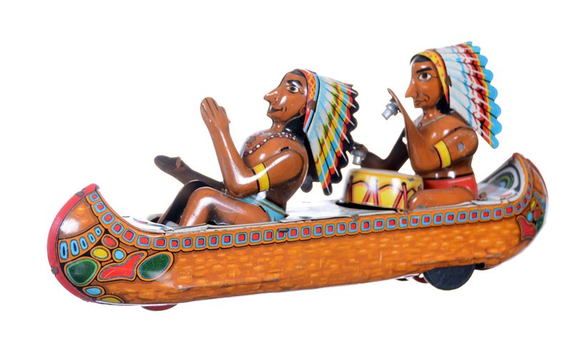 4.25" X 9.5" TIN PUSH TOY: 4.25" X 9.5" TIN PUSH TOY INDIAN BRAVES IN CANOE - MADE IN JAPAN