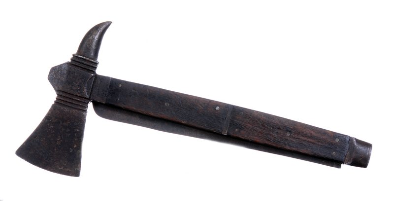 9.25" MARKED FOX, PRIMITIVE MULTI TOOL HATCHET AND SAW: 9.25" MARKED FOX, PRIMITIVE MULTI TOOL HATCHET AND SAW 16" TOTAL EXTENDED LENGTH - VERY EARLY DESIGN, CIRCA 1800'S