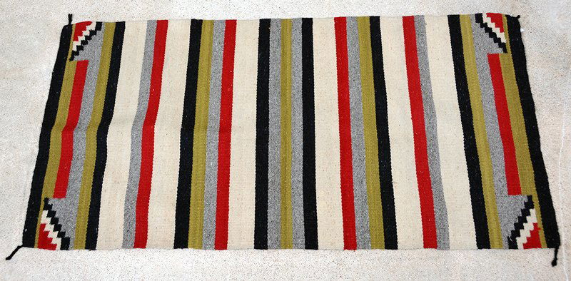 59" X 30" AUTHENTIC EARLY WOOL INDIAN BLANKET: 59" X 30" AUTHENTIC EARLY WOOL INDIAN BLANKET NOTE STATES "AMERICAN WILLIAM BRADFORD CIRCA 1850" - GREEN, BLACK, RED, GRAY AND WHITE COLORS