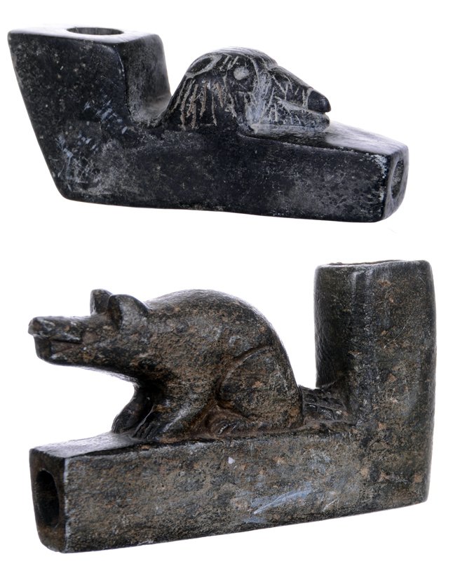(2) STONE EFFIGY PIPES INCLUDING: (2) STONE EFFIGY PIPES INCLUDING (1) BEAVER - (1) BEAR HEAD - UNKNOWN AGE - SEE PHOTOS FOR DETAILS