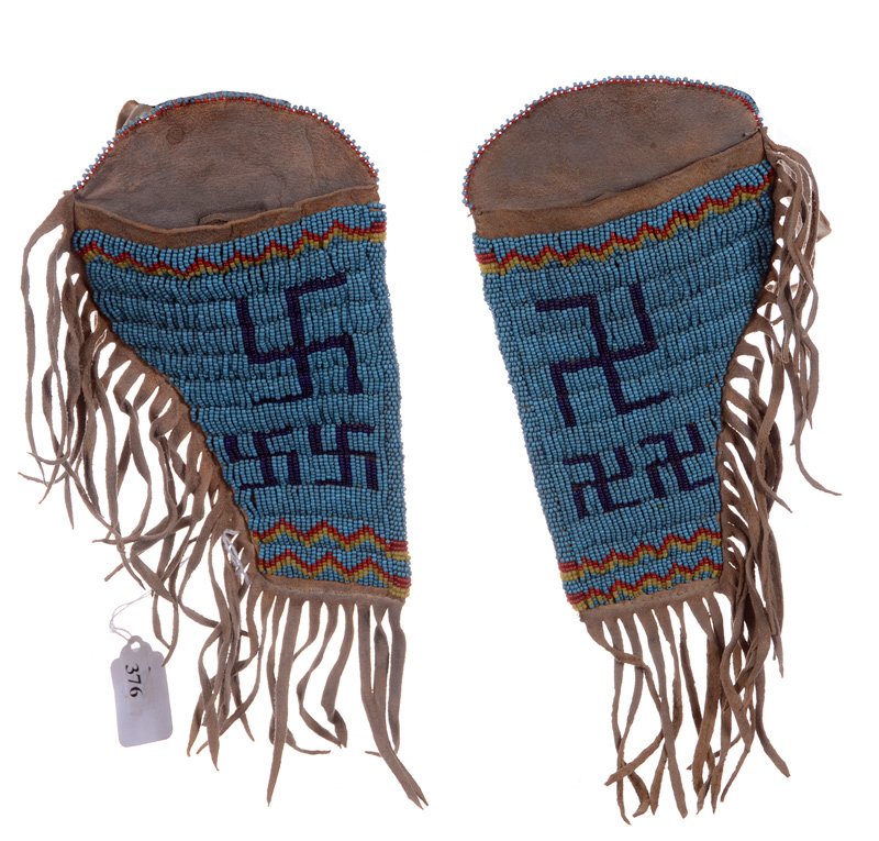 PAIR 8.5" AUTHENTIC PLAINS INDIAN BEADED HOLSTERS: PAIR 8.5" AUTHENTIC PLAINS INDIAN BEADED HOLSTERS SWASTIKA DESIGN W/ LEATHER FRINGE