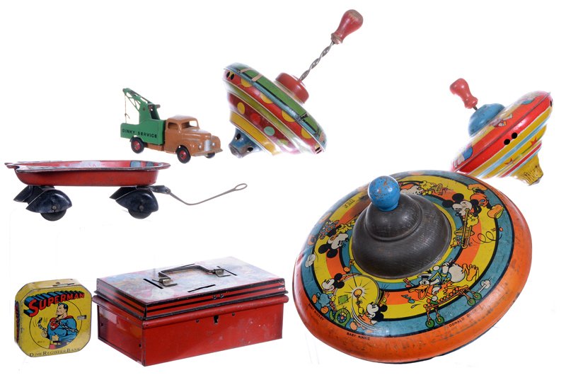 (7) VINTAGE TIN TOYS INCLUDING: (7) VINTAGE TIN TOYS INCLUDING (3) SPINNING TOPS - (1) 2.5" SUPERMAN DIME REGISTER BANK - (1) 6" STRAT-O-WAGON - (1) TIN BANK MADE IN LONDON WITH LISTING OF FOUR DIFFERENT REASONS TO SAVE MONEY