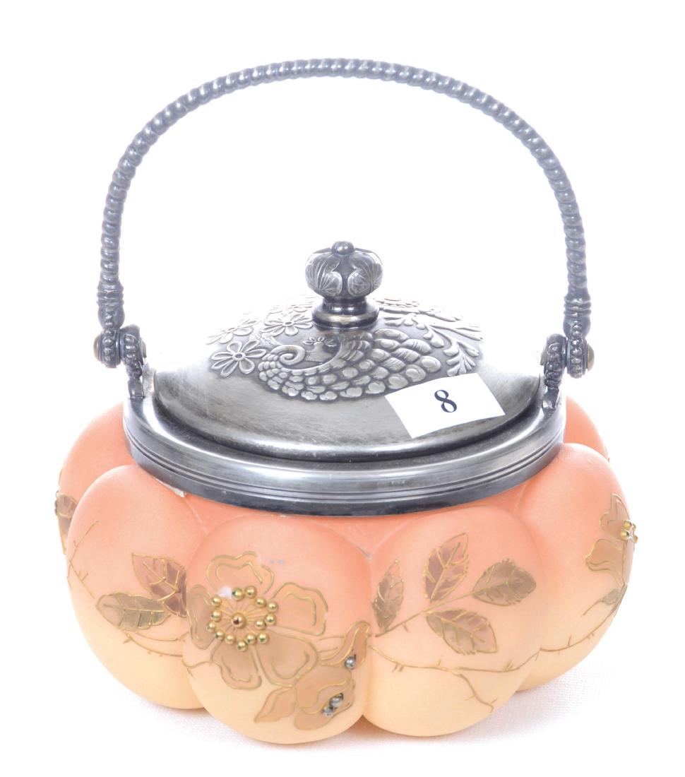 4" X 5" MT. WASHINGTON BURMESE COLOR MELON RIBBED: GOLD FLORAL DECOR WITH JEWELED HIGHLIGHTS - SILVERPLATE LID AND BAIL - ONE MISSING JEWEL