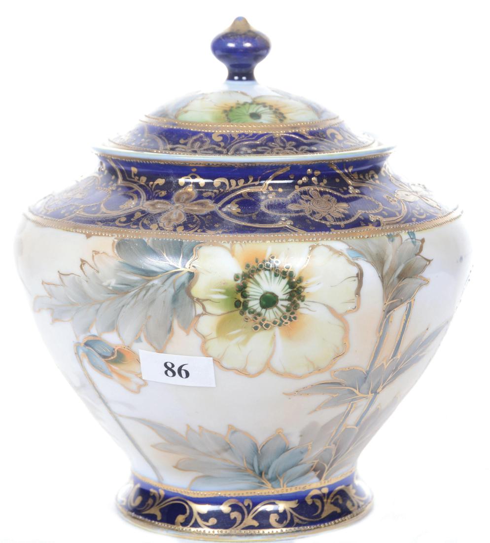 7" NIPPON BISCUIT JAR: CREAM BACKGROUND WITH COBALT BLUE BORDER - LARGE POPPY DECOR - NICE GOLD HIGHLIGHTS