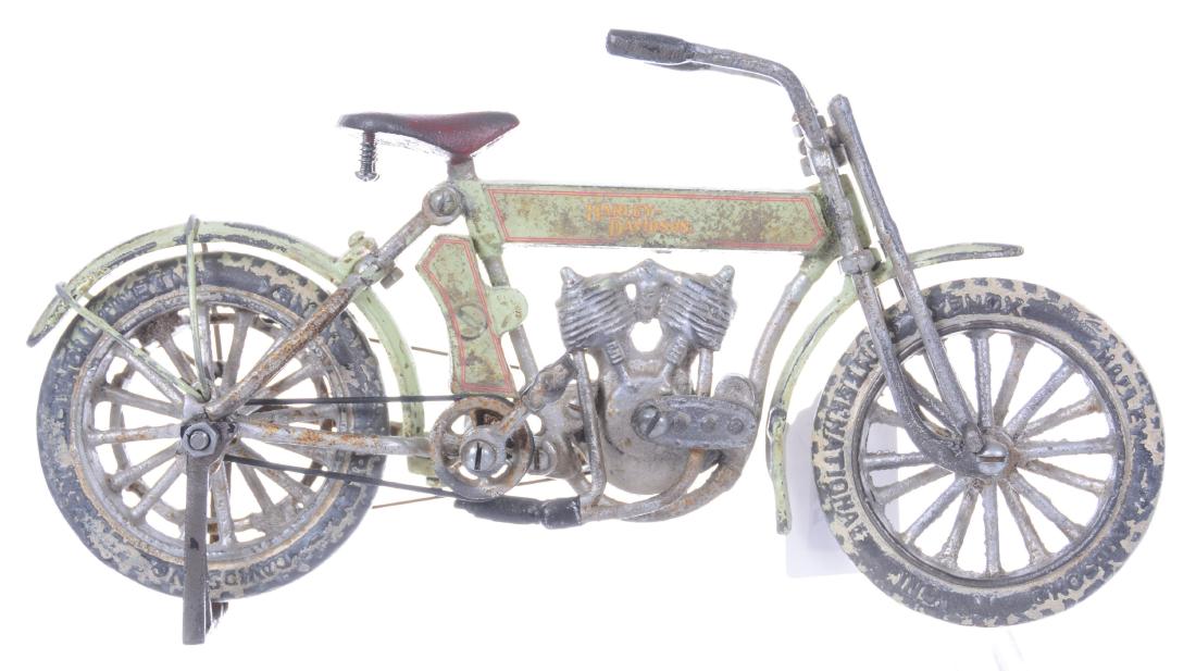 5" X 9" CAST IRON TOY - REPRODUCTION HARLEY DAVIDSON: TIRES MARKED "HARLEY DAVIDSON" AND "XONEX INTERNATIONAL" - STRONG PAINT 