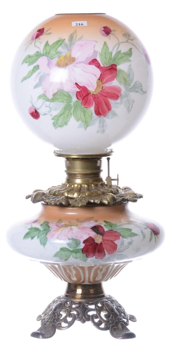 22" GONE WITH THE WIND TABLE LAMP: WHITE AND BROWN TONES WITH PINK POPPY DECOR - ORIGINAL KEROSENE FONT