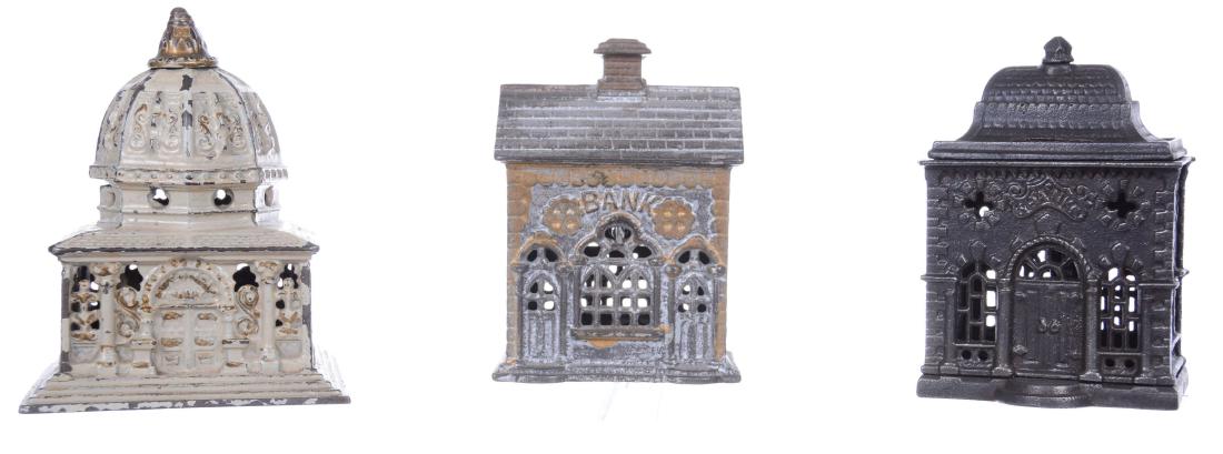 (3) CAST IRON ARCHITECTURAL STILL BANKS INCLUDING: (1) 5.5" CAPITOL BUILDING BY KENTON - (1) 5.5" HOUSE - (1) 5.5", PATENT 1875