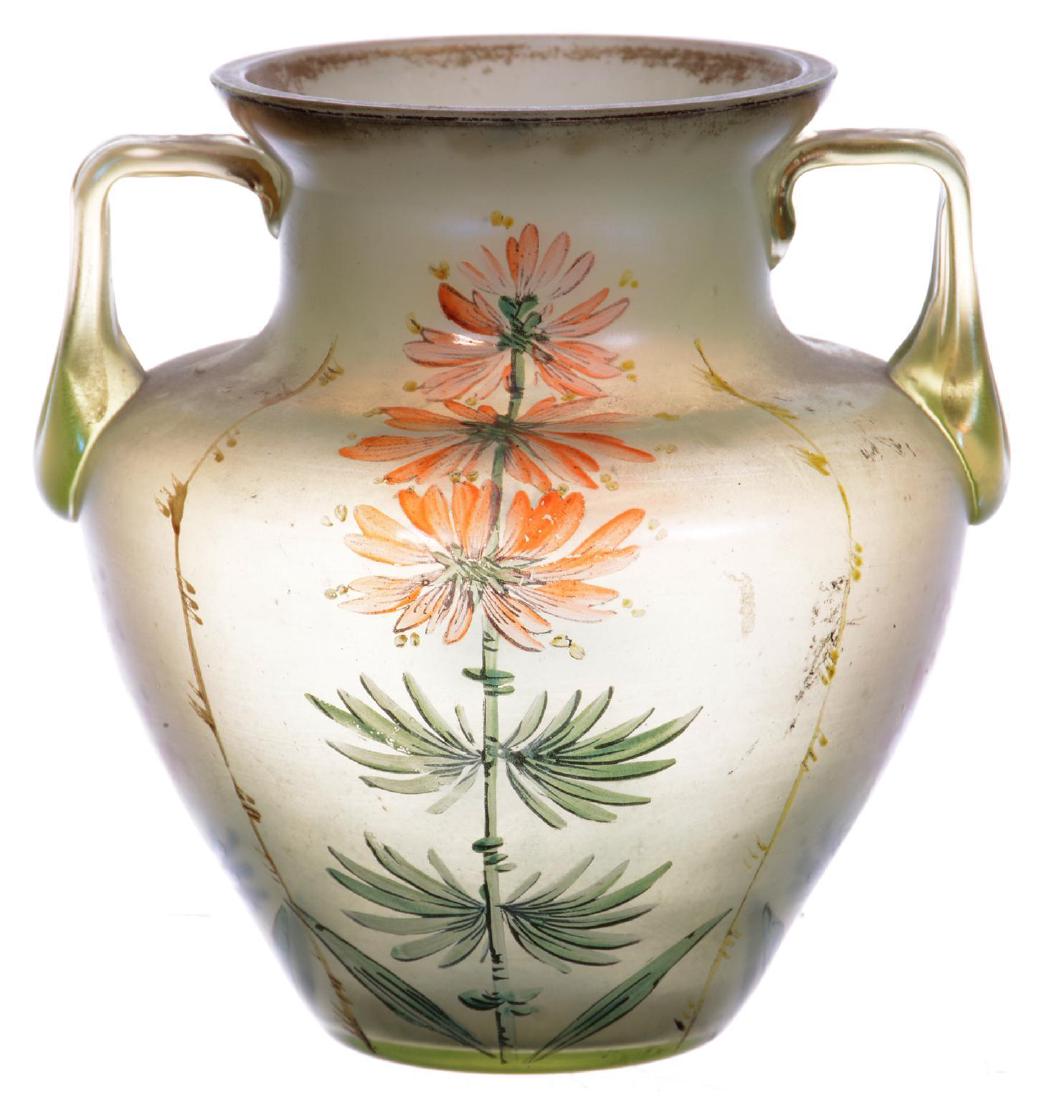 5" UNMARKED LOETZ ART GLASS TWO-HANDLED VASE (1 of 2)