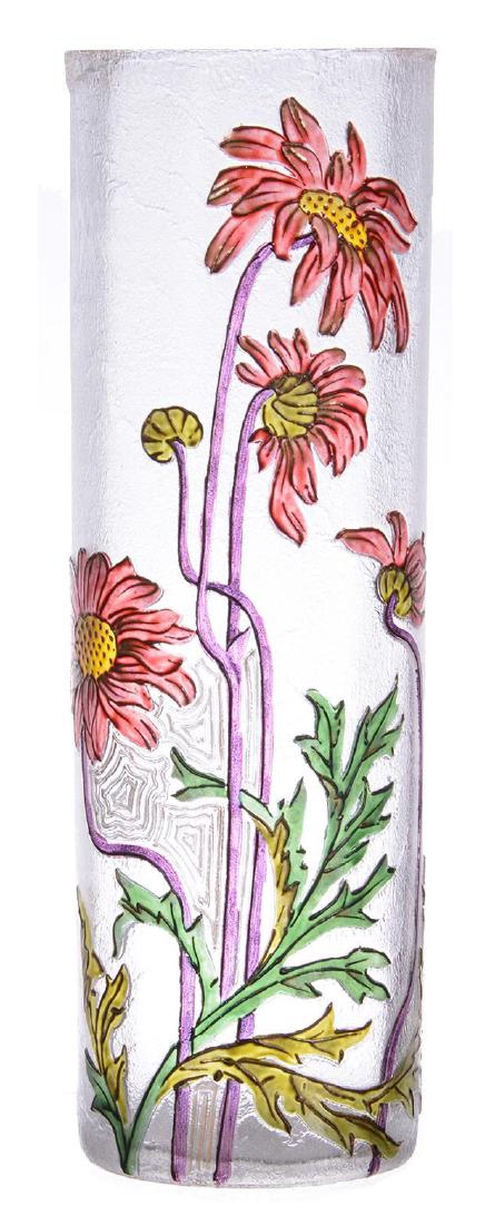 12.5" SIGNED MONT JOYE FRENCH ART GLASS CYLINDER VASE: 12.5" SIGNED MONT JOYE FRENCH ART GLASS CYLINDER VASE FROSTED TEXTURED BACKGROUND WITH RAISED CAMEO CARVED SUNFLOWER DECOR WITH COLOR HIGHLIGHTS 