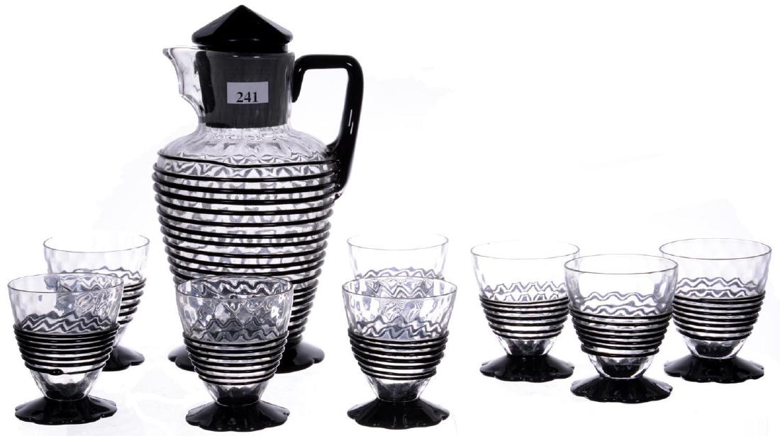 8.5" UNMARKED STEUBEN ART GLASS PITCHER & (8) GLASSES (1 of 5)