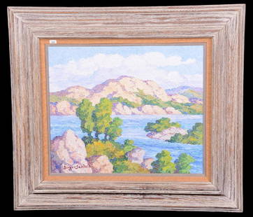 20" X 24" OIL ON BOARD PAINTING BY BIRGER SANDZEN: 20" X 24" OIL ON BOARD PAINTING BY BIRGER SANDZEN TITLED "KANSAS LAKE" - "MORLAND LAKE, GRAHAM CO." - "KANSAS" - SIGNED "BIRGER SANDZEN LINDSBORG KANSAS 1950" - MOUNTED IN ORIGINAL WOODEN FRAME