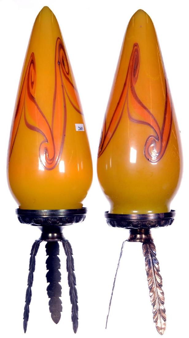 PAIR 23" ART GLASS SHADES ON BRONZE METAL BASES (1 of 3)