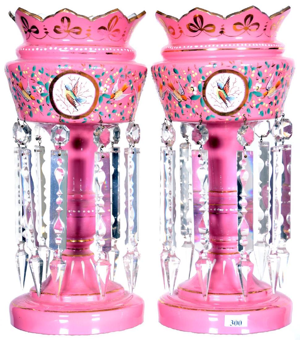 PAIR 14.25" PINK CASED ART GLASS LUSTRES (1 of 3)