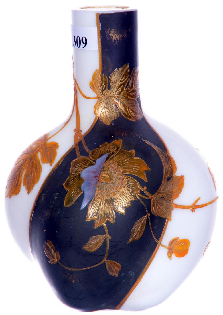 6.75" MARKED CROWN MILANO ART GLASS VASE: 6.75" MARKED CROWN MILANO ART GLASS VASE WHITE OPALINE WITH GREEN PANEL AND GOLD ENAMEL FLORAL DECOR 