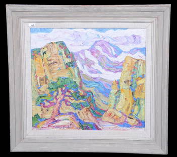 18" X 20" PAINTING - OIL ON BOARD BY BIRGER SANDZEN: 18" X 20" PAINTING - OIL ON BOARD BY BIRGER SANDZEN TITLED "THE GATE" - "ROCKY MOUNTAIN NATIONAL PARK, COLO" - DATED "1925" - ALL THE PRECEDING ON BACK OF FRAME - ALSO ARTIST SIGNED AND DATED ON FRONT