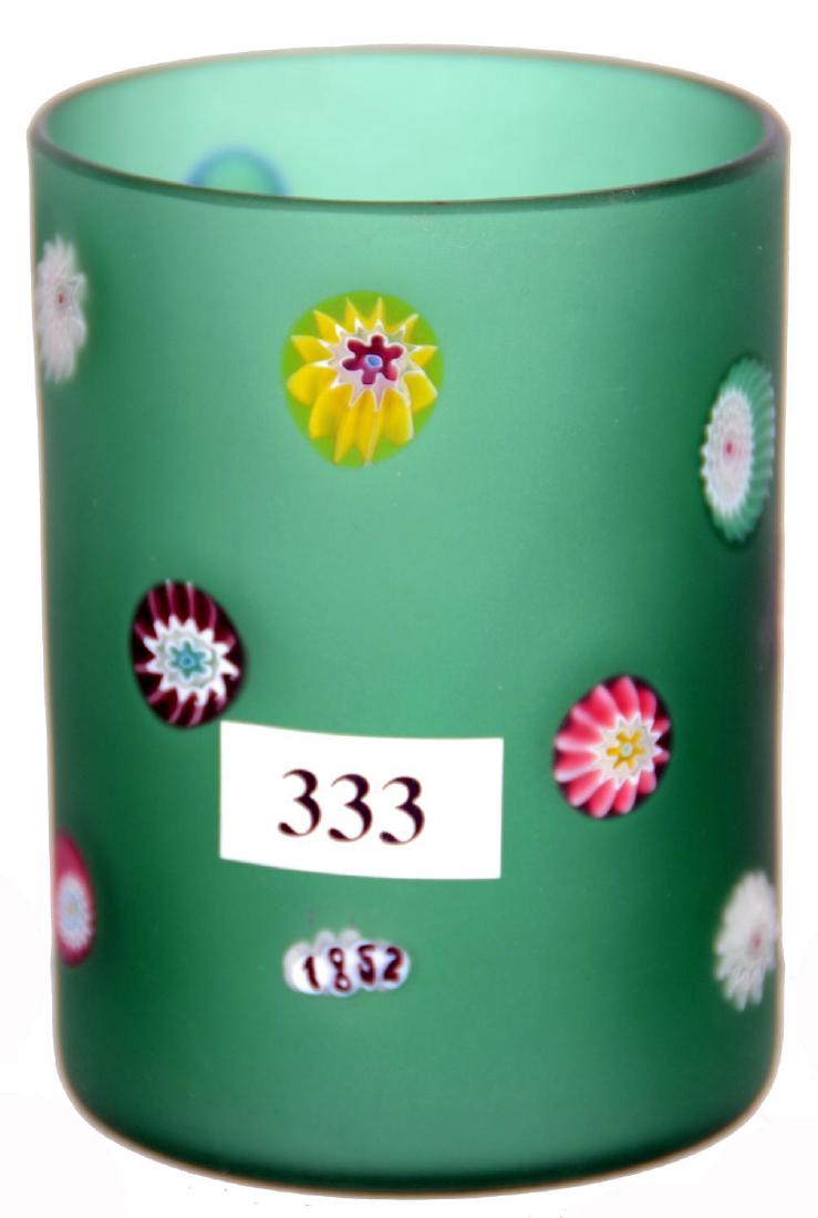 3.5" ART GLASS TUMBLER: 3.5" ART GLASS TUMBLER FROSTED GREEN GLASS BACKGROUND WITH SCATTERED MILLEFIORI HIGHLIGHTS - ONE MILLEFIORI CANE DATED "1852" - VERY UNUSUAL 