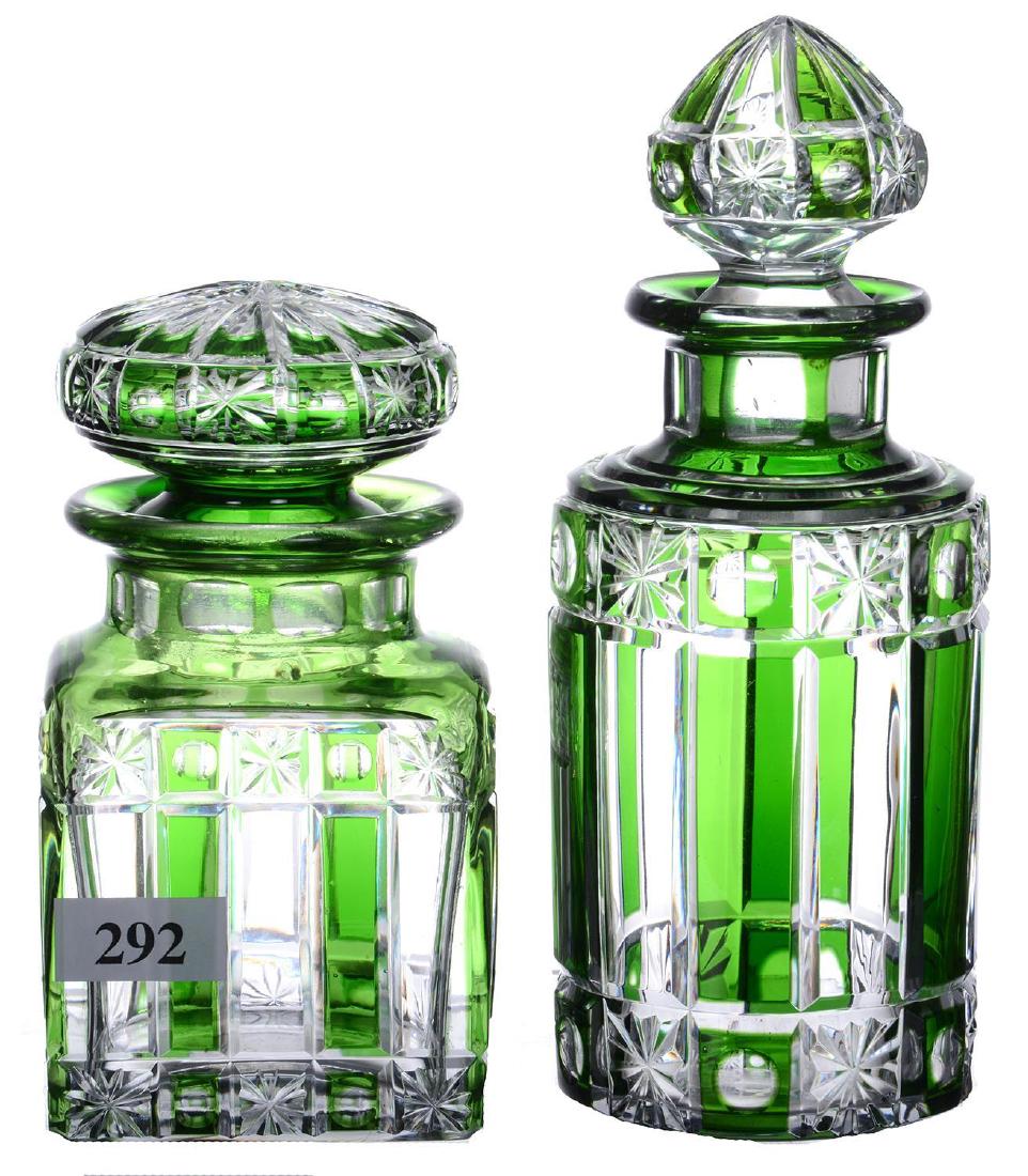 (2) PATTERN MATCHED VANITY JARS - GREEN CUT TO CLEAR (1 of 2)