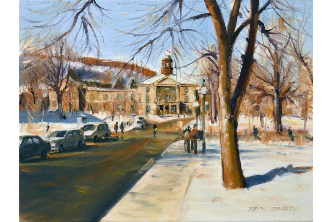 Terry Tomalty: Terry Tomalty (b. 1935, Can.): "West light, McGill University", oil on canvas, signed lower right. Signed and titled on reverse. 41cm x 51cm (16" x 20").
