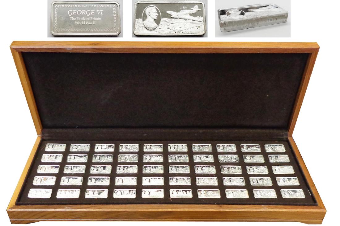 Sterling silver: 1 000 Years of British Monarchy set of 50 sterling silver ingots (Proof Strikes) each featuring a King or Queen of England/Britain (total approx. 104 ounces) issued 1973 to 1976 by the Franklin Mint (