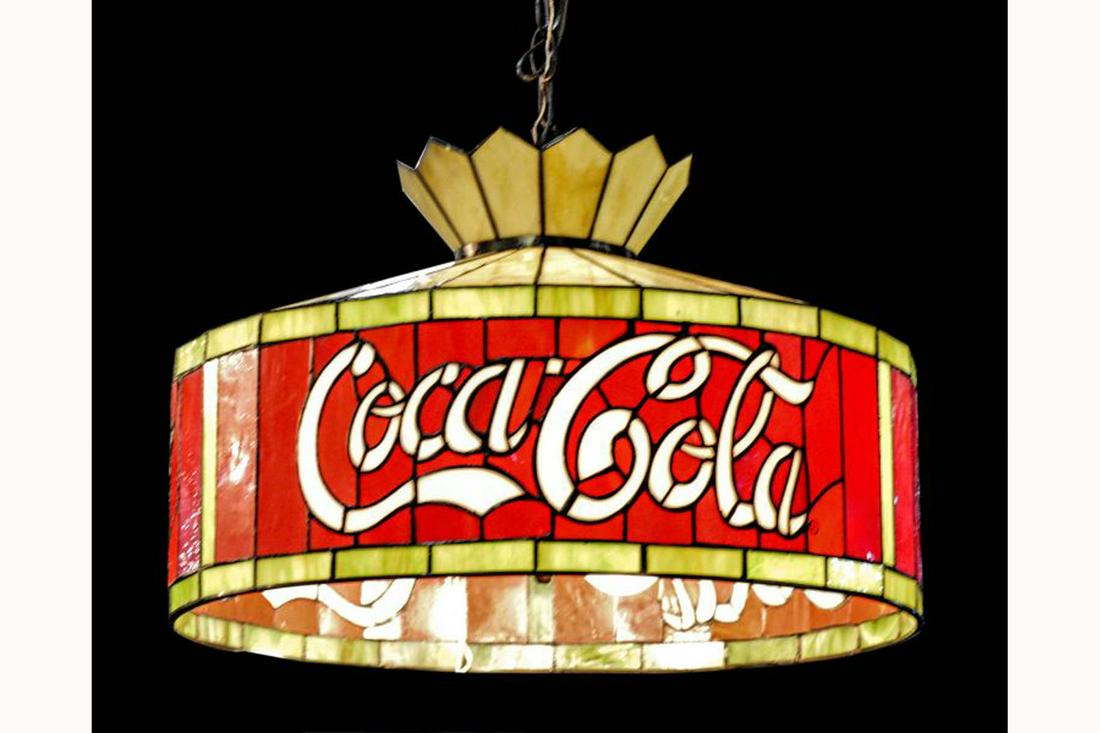 Glass Hanging Fixture: Hand-made leaded glass hanging fixture of circular form with Coca-Cola motif shade with chain support. 51cm (20") diameter.
