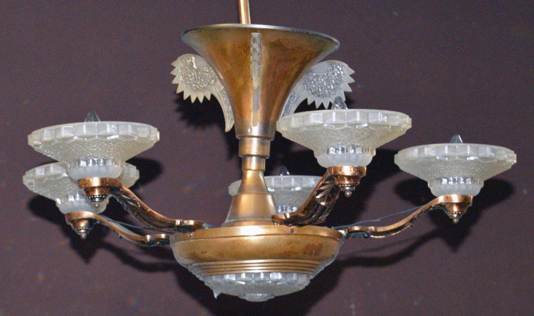 Art Deco-period 5-light hanging fixture: Art Deco-period 5-light copper hanging fixture, with frosted glass bobeches and accents. Height: 30". Width: 30".