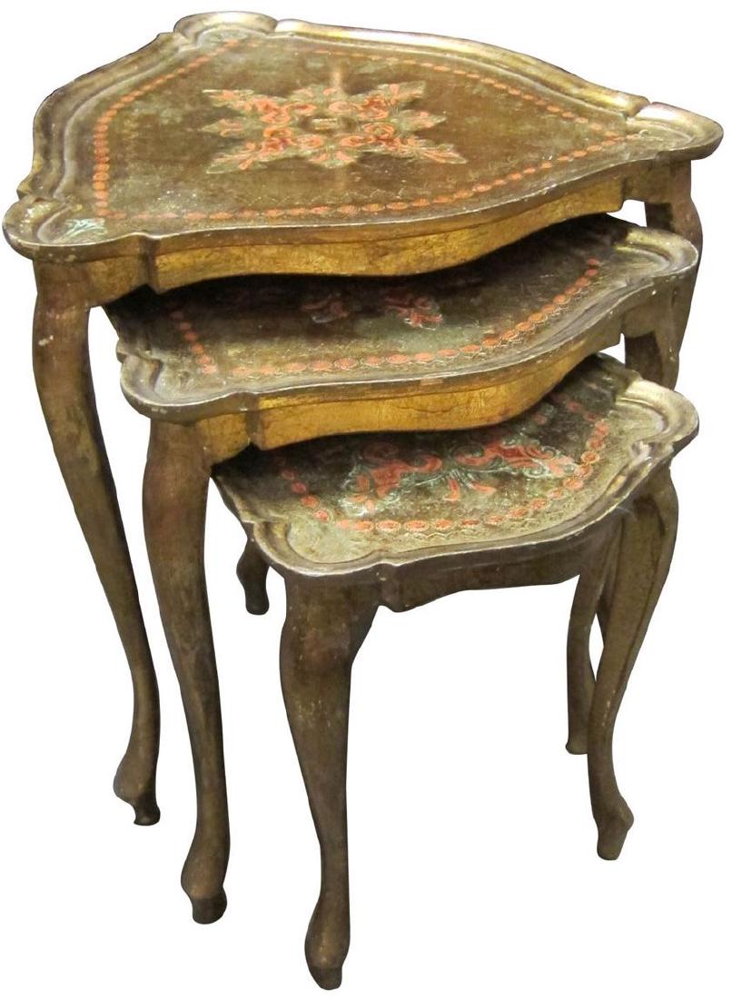 3 vintage Venetian-style nesting tables: Set of 3 vintage Venetian-style triangular hand-painted and carved nesting tables, with cabriole legs. Largest: height: 23", width: 21".