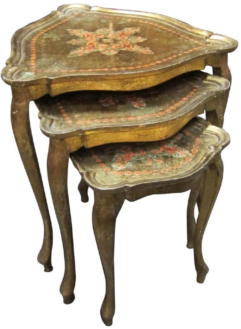 3 vintage Venetian-style nesting tables: Set of 3 vintage Venetian-style triangular hand-painted and carved nesting tables, with cabriole legs. Largest: height: 23", width: 21".