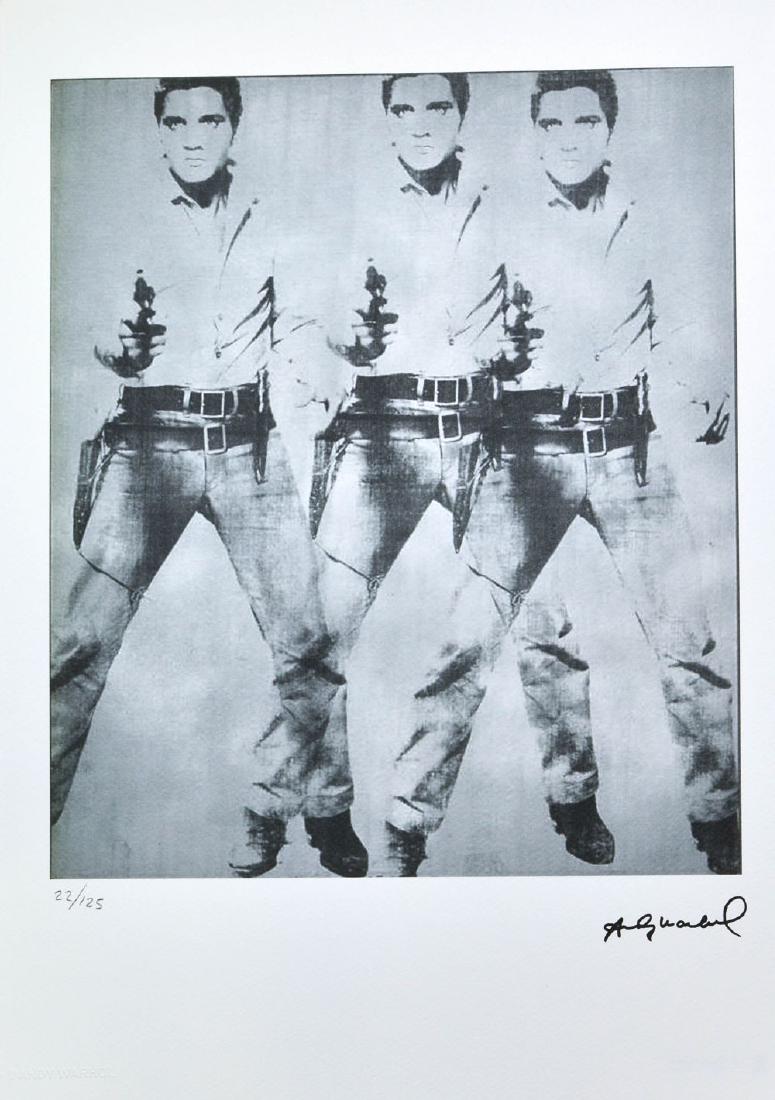 Andy Warhol: Andy Warhol (1928-1987, Amer.) (Ref: Benezit): "Triple Elvis". Lithograph. Numbered 22/125 in pencil in the lower margin. With certificate of authenticity on reverse. 20" x 14".