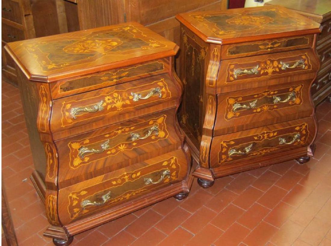 Dutch-style bombÃ© side tables: Pair of vintage Dutch-style bombÃ© side tables, fitted with 3 drawers and ormolu mounts. Height: 26". Length: 23". Width: 16".